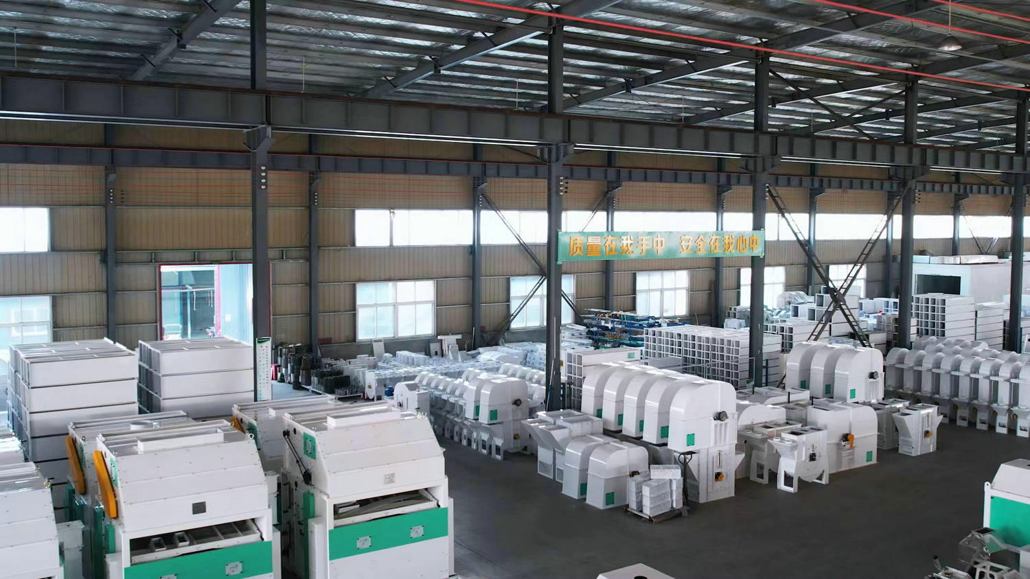 A corner of assembly lines of grain and rice hoisters, lifters, elevators and varieties of separators 